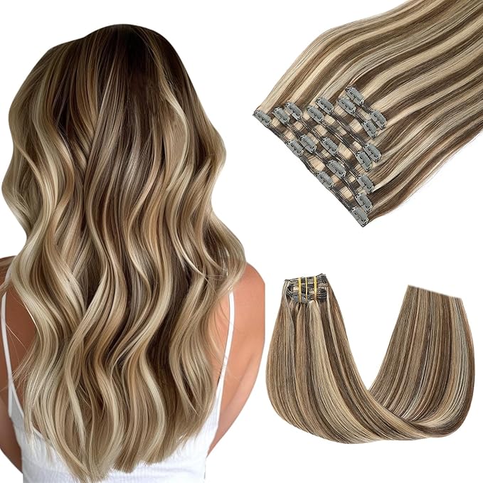 Clip in Extensions 14 Inch Chocolate Brown Highlighted Caramel Blonde Clip in Hair Extensions Real Human Hair 140g 7pcs Hair Clip ins Real Hair Extensions for Women(#4P27-14inch)