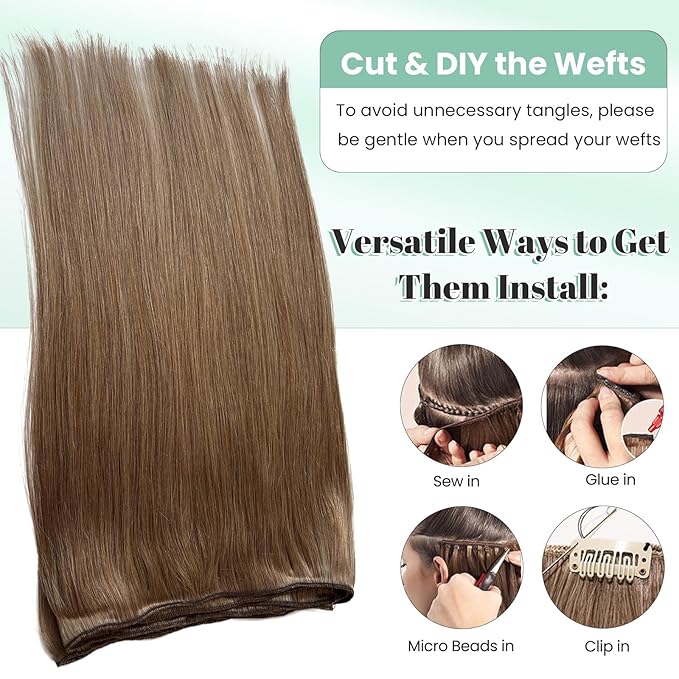 Ash Brown Weft Hair Extensions for Women 18 Inch 100G Sew in Human Hair Extensions Double Weft Silky Straight Ash Brown Hair Extensions Real Human Hair Sew in Wefts with Full Thick Ends