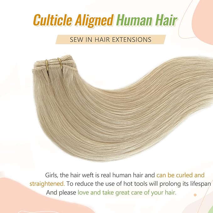 Blonde Hair Weft Extensions Real Human Hair 18 Inch 100grams Hand Tied Weft Hair Extensions Human Hair Double Weft Thick Ends Straight Platinum Sew in Human Hair Weave Bundles