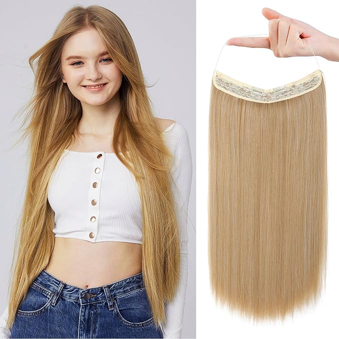 REECHO Invisible Wire Hair Extensions with Transparent Headband Adjustable Size Removable Secure Clips in Straight Secret Hairpiece for Women (24 Inch (Pack of 1), Gold Blonde Mixed)