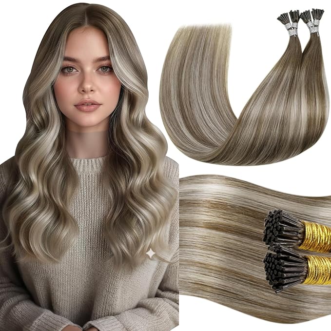 LaaVoo 24 Inch Blayage Ombre Hair Extensions ITip Real Human Hair Light Brown Mix Platinum Blodne Tip Long Hair Extensions Human Hair for Women 50g/50s