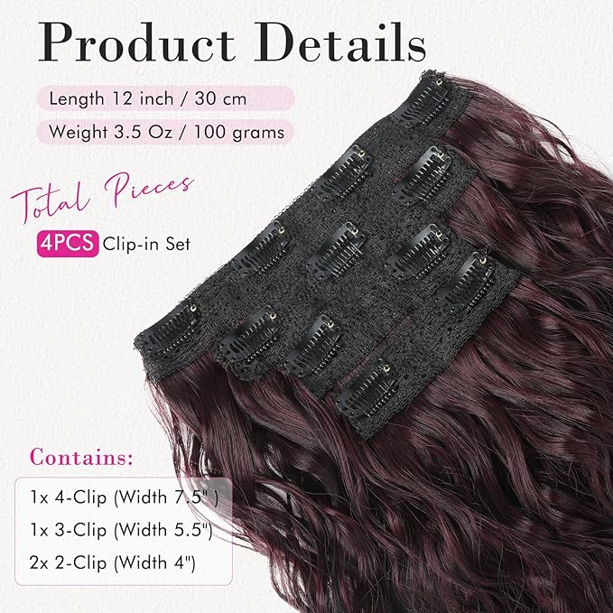 REECHO 4PCS Clip in Hair Extensions - 12" Short Curly Wavy Brown Invisible Lace Weft Natural Soft Hairpieces for Women - Burgundy