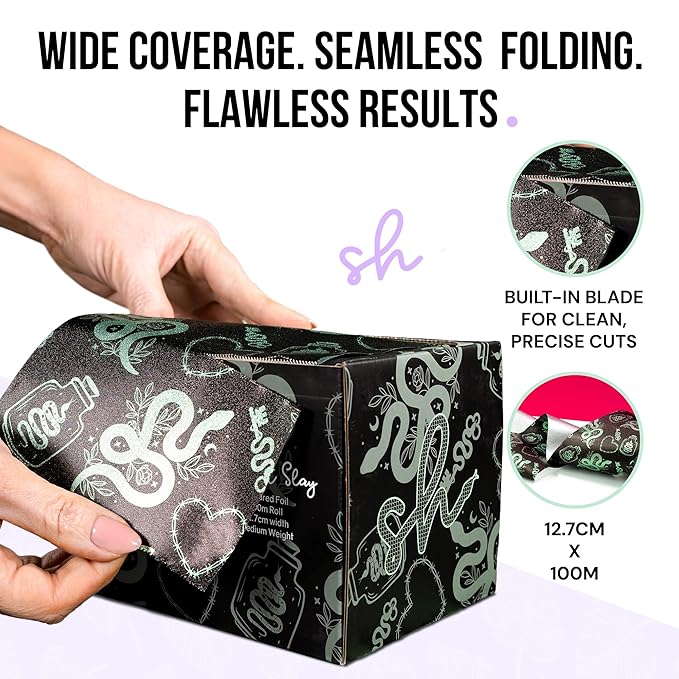 Simply Hair Hair Foil Roll – 100m Embossed Medium Weight Roll with Built-In Cutter – Custom Length Foil for Hair Dye, Highlights & Balayage - No-Slip Grip - 12.7cm - Serpent