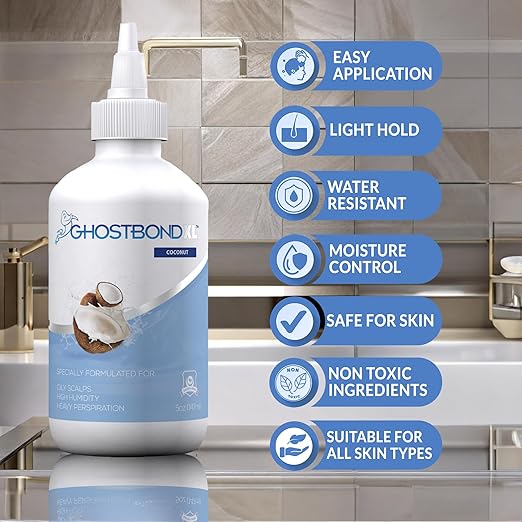 GHOSTBOND XL Hair Replacement Adhesive - 5oz - Invisible Bonding Wig Glue: Extra Moisture Control - Water & Oil-Resistant, Light Hold for Poly and Lace Hairpiece, Wig, Toupee Systems, (Coconut)