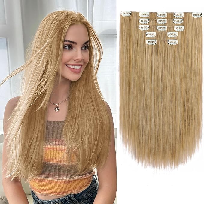 Hair Extensions Clip Ins Synthetic 18 Inch Long Straight Invisible Extension 5PCS Soft and Natural Fake Cheap Clips on Hairpieces for Women Party Daily Use 6.5 Oz Golden Brown Mix Bleach Blonde