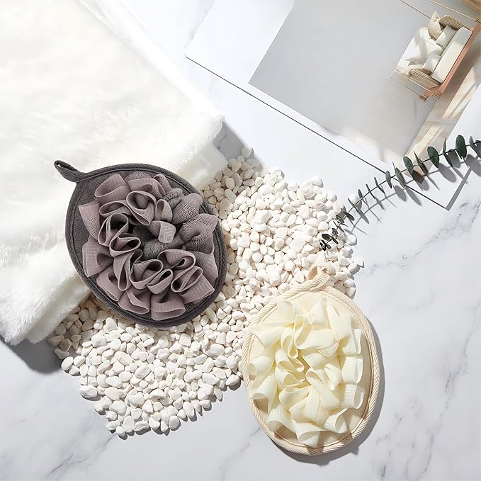 Boao 6 Pcs Bath Shower Pouf Sponge Mesh Pouf Shower Ball Exfoliating Body Sponge Pad Scrubber Glove with Flower Bath Ball (Khaki,Dark Brown,Beige)