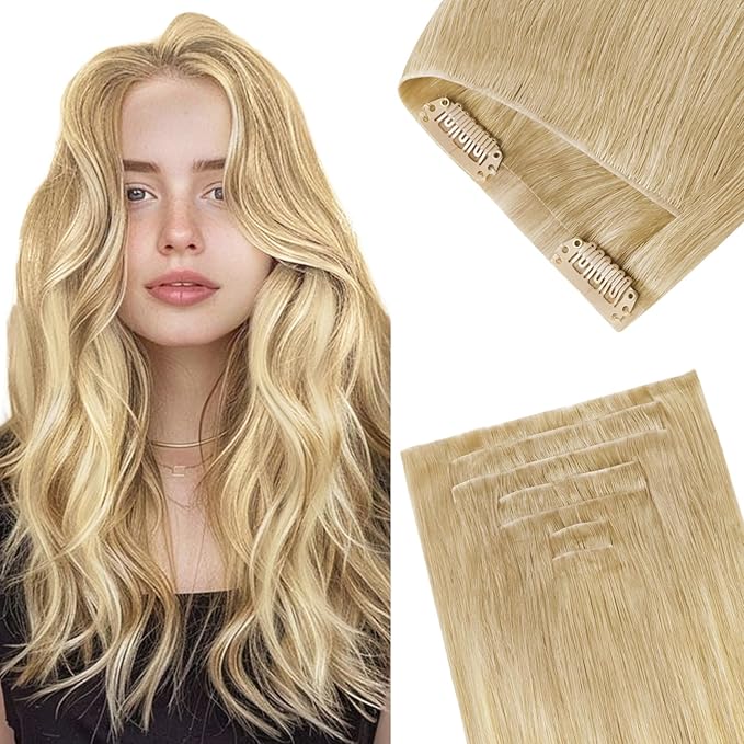 GOO GOO Invisi Edge Clip in Hair Extensions, 16inch 110g 7Pcs, Injected Seamless PU Clip in Hair Extensions, Virgin Real Human Hair, #18AT60A Pearl Ash Blonde Highlights
