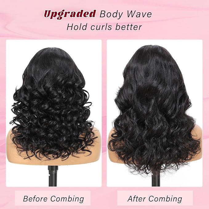 Fluffy Natural Bouncy Loose Wave Curtain Bangs Wig Glueless Wigs Human Hair Pre Plucked Pre Cut 13x6 PartingMax HD Lace Pre Everything Lace Front Wigs Human Hair for Women (Black Color, 26”)