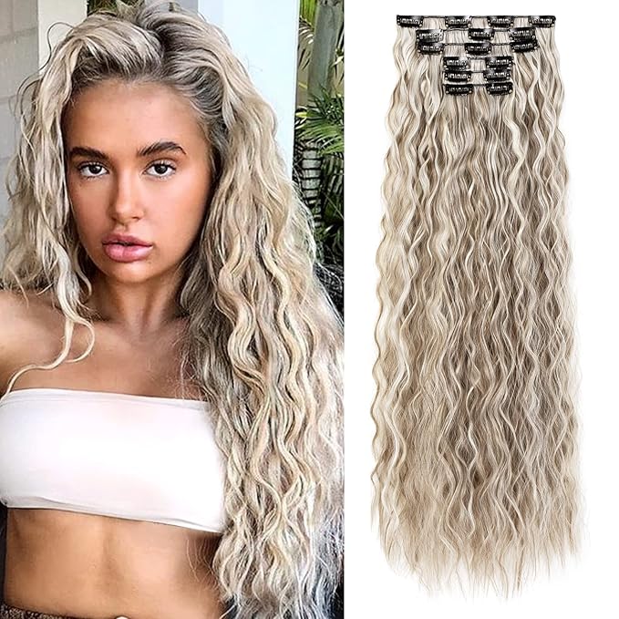 LONAI Clip In Hair Extensions, 6PCS Curly 24" Long Synthetic Clip On Hairpiece For Women Ash Brown with Blonde Highlights