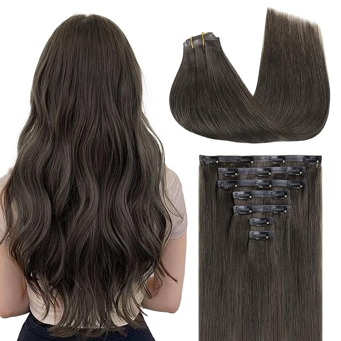 GOO GOO Clip in Hair Extensions Real Human Hair, Remy Human Hair Extensions Clip ins for Women, Natural Human Hair, 16inch 110g 7Pcs, 1C Mocha Brown