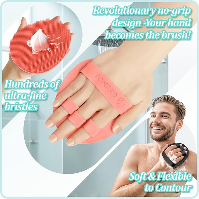 Soft Silicone Bath Gloves 4PC, 360° Anti-slip & Enlarged Silicone Body Scrubber for Rich Foaming Deep Cleaning, Revolutionary No-grip & Hand-fit Shower Scrubber for All Skin Types(Black/Pinkx2)