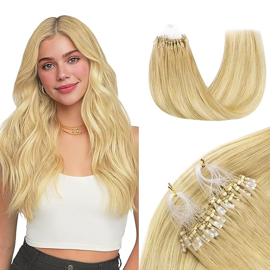 GOO GOO Micro Link Tip Hair Extensions Real Human Hair, 20inch 50g 50S, Cold Fusion Micro Link Tip, Invisible Remy Hair Extensions, 18AT60A Pearl Ash Blonde Highlights