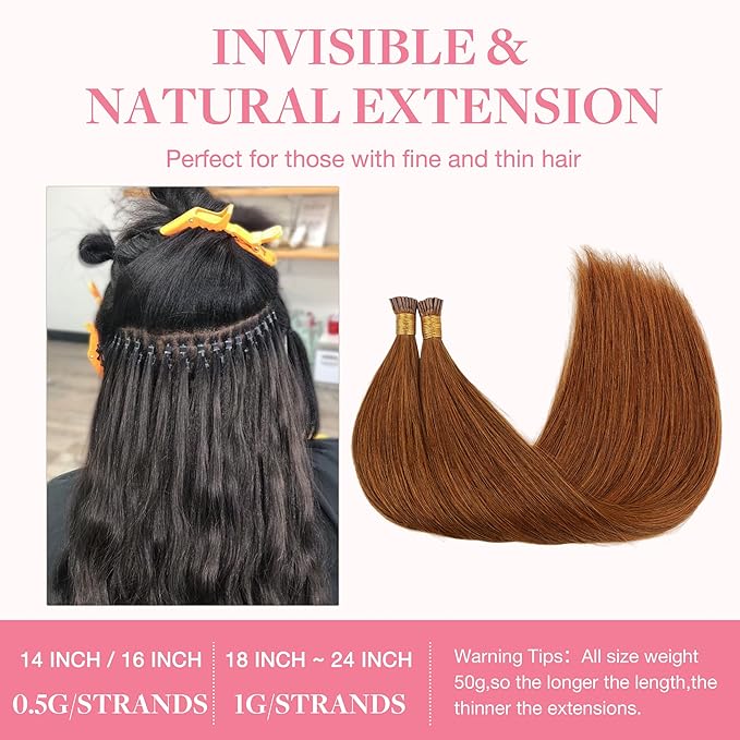 GOO GOO I Tip Hair Extensions - Real Human Hair, 20inch 50g, Cold Fusion, Invisible Remy, 350 Copper