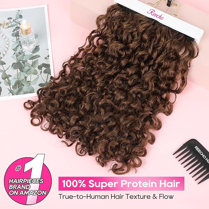 REECHO Curly Hair Extensions - 4PCS 18" GoGo Curly Clip in Hair Extensions 100% Super Protein Hairpieces with Invisible Lace Weft Silky Soft Natural Look for Women - Golden Brown