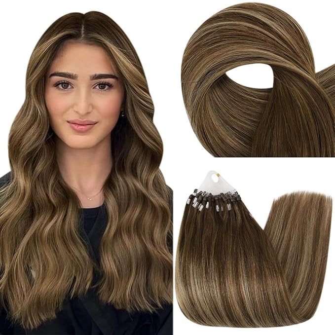 Fshine Micro Ring Human Hair Extensions - Middle Brown Fading to Caramel Highlight, Remy Micro Loop, 20 Inch 50g Balayage Straight Hair