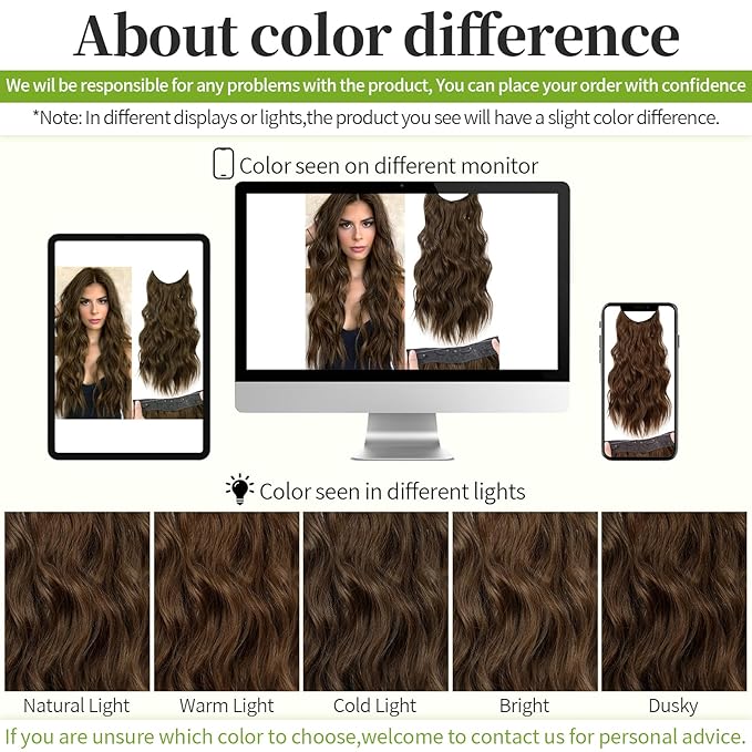 KooKaStyle Invisible Wire Hair Extensions with Transparent Wire Headband Adjustable Size 4 Secure Clips Long Wavy Hairpiece 20 Inch Medium Brown for Women