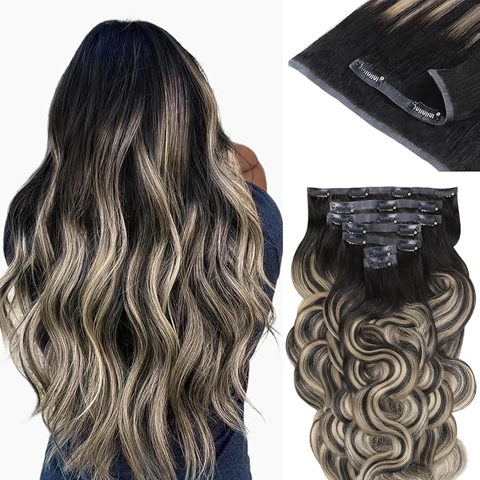 IDN BEAUTY Seamless Clip In Hair Extensions Human Hair, 110g 16 Inch, 1B/19/1B Natural Black to Light Blonde Remy Hair Body Wave Seamless Clip Ins For Black Women PU Weft Invisible Edge 7pcs