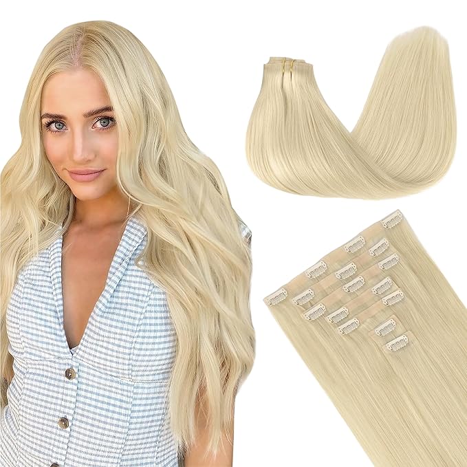 GOO GOO Clip in Hair Extensions Real Human Hair, Remy Human Hair Extensions Clip ins for Women, Natural Human Hair, 20inch 150g 7Pcs, 60A Platinum Blonde