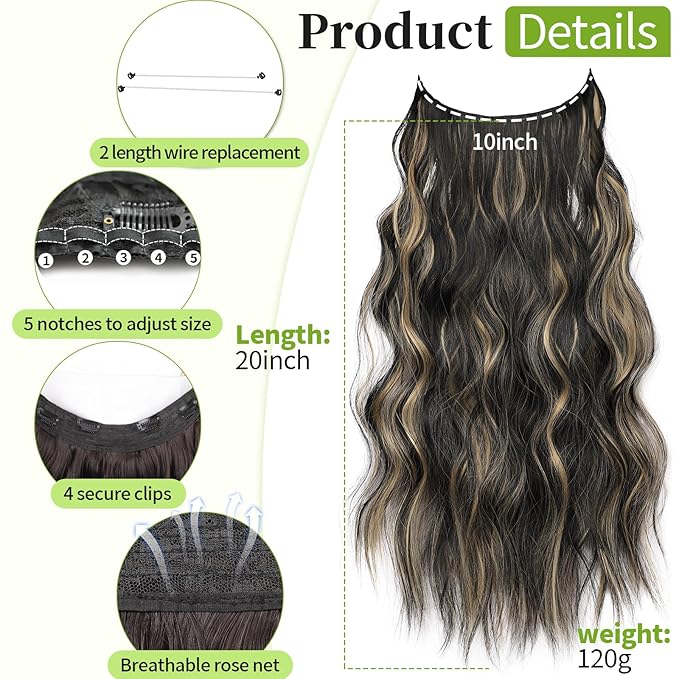KooKaStyle Invisible Wire Hair Extensions with Transparent Headband Adjustable Size 4 Secure Clips Long Wavy Secret Wire Hairpiece 20 Inch for Women(Black with Blonde Highlights)