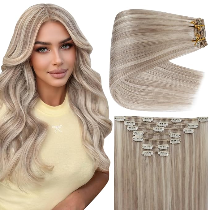 Full Shine Clip in Extensions Ash Blonde Highlighted Bleach Blonde Remy Clip in Hair Extensions for Volume Thick Real Human Hair 135 G 18 Inch 7 Pcs
