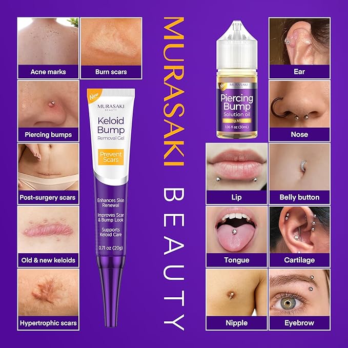 Piercing & Keloid Bump Solution Oil & Gel Kit, Piercing Aftercare Treatment Piercing Bump Solution Aftercare Oil (30 mL) + Keloid Bump Removal Gel (20 g) (2 Pack)