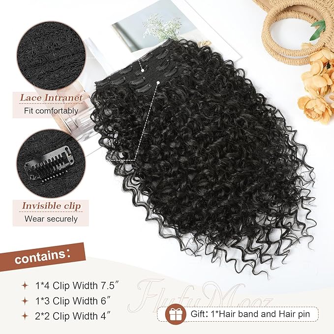 Clip in Hair Extensions, FLUFYMOOZ 4PC 100％ Pure Protein Silk Hair Extensions Long Soft Natural Hairpiece 16 Inch Curly Hair Extension for Women (Black Brown)