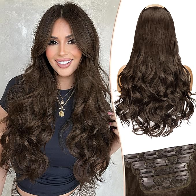 KooKaStyle Clip In Hair Extensions, Natural Long Layered Soft Invisible Synthetic Curly Hairpieces for Women, 4 pcs (20 Inch, Chocolate Brown)