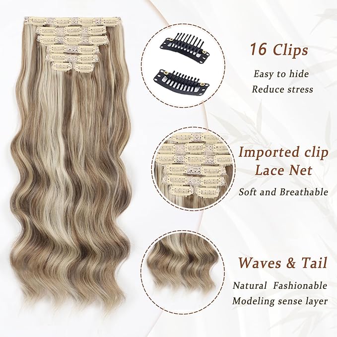 Vigorous Clip in Hair Extensions Light Blonde & Golden Blonde Long Wavy Hairpieces 20Inch Hair Extensions Clip Ins Soft Synthetic Hairpieces for Women (7Pcs)
