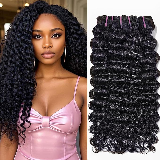15A Deep Wave Human Hair Bundles 24 26 28 Inch 100% Unprocessed Brazilian Virgin Human Hair Bundles Sew In Human Hair Extensions Deep Wave Bundles 3 Pcs 1B Color for Women