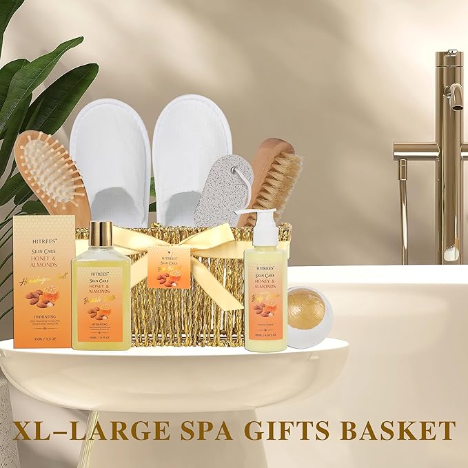 Bath Gift Basket Set, Spa Kit Gifts for Women Men, 18 Pc Almond Milk & Honey Large Spa Gift Basket Luxury Bath Set Relaxing Self Care Pampering Gifts for Birthday, Christmas, Mothers Day Gift Baskets
