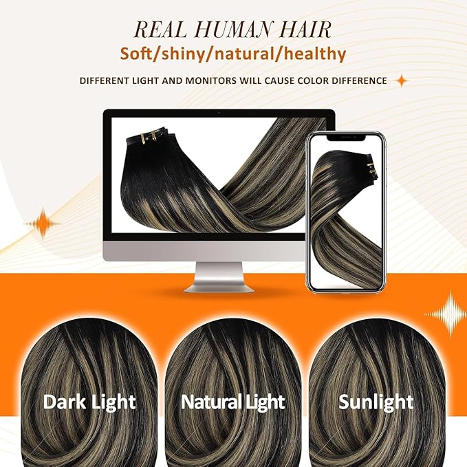 Full Shine Seamless Clip in Hair Extensions Human Hair Ombre Natural Black Mixed Caramel Blonde Invisible Clip in Hair Extensions Human Hair with PU Weft 16 Inch 120 Grams 8pcs