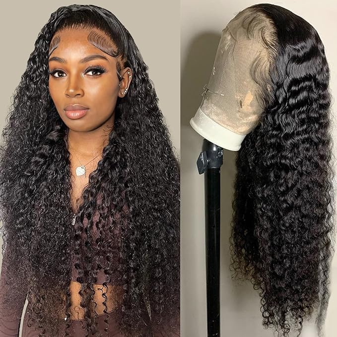 13x6 Deep Wave Lace Front Wigs Human Hair 180 Density Pre Plucked HD Transparent Curly Lace Frontal Human Hair Wig Natural Black Glueless Wigs with Baby Hair for Women 24 Inch