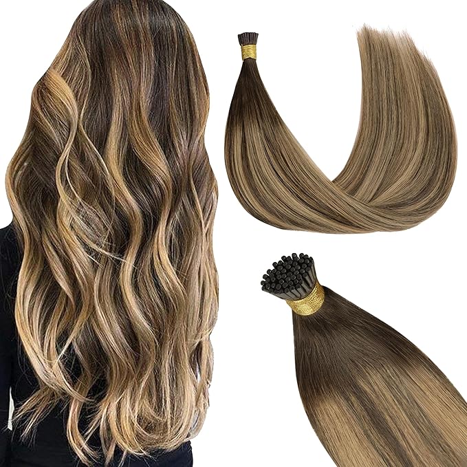 GOO GOO I Tip Hair Extensions Real Human Hair, 14inch 50g 100S, Invisible Remy Cold Fusion I Tip Hair Extensions, 4/27/4 Balayage Chocolate Brown to Caramel Blonde