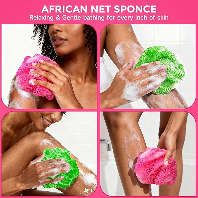 2 Pieces African Net Sponge Authentic, Durable Back Scrubber Washcloth for Shower, Exfoliating Net Sponge for All Skin, Bathing Accessories for Women (Pink and Green)