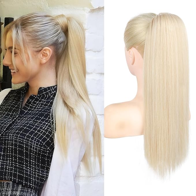 SEIKEA Ponytail Extensions Drawstring Long Straight Fake Pony Tail Natural Soft Clip in Hair Extension Synthetic Heat Resistant Hairpiece 20 Inch Light Blonde