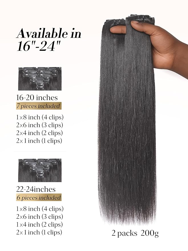 LUVME 0.59mm Zero Trace Invisible Clip in Hair Extensions, Yaki Straight 2 Pack 7 Pcs 100g 20 Inch, 100% Real Human Hair Clip Ins, Multi Piece Set for Styling, Full Look for Everyday Wear