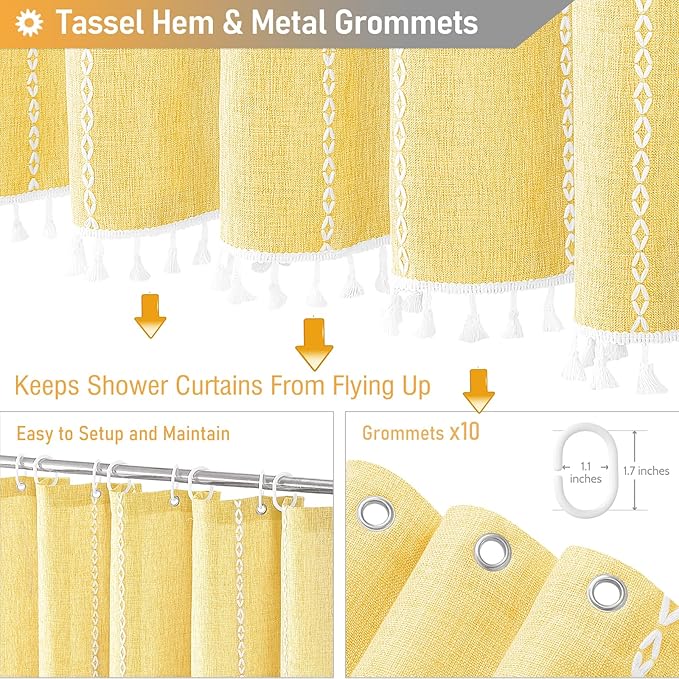 BTTN Boho Farmhouse Shower Curtain - Linen Rustic Heavy Duty Striped Fabric Shower Curtain Set, Bohemian Vintage Country Cloth Shower Curtains for Bathroom, Yellow, 60" W x 72" L (Pack of 1)