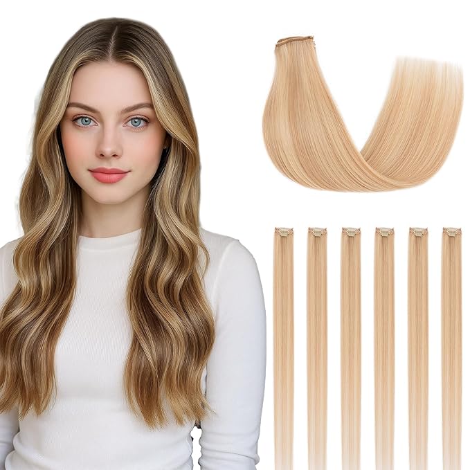 Clip in Hair Extensions Real Human Hair for Women, 18 Inch 40g 6pcs, Ash Blonde Mix Bleach Blonde, Straight - Highlight, Add Volume and Length for Daily Wear, Parties, Weddings