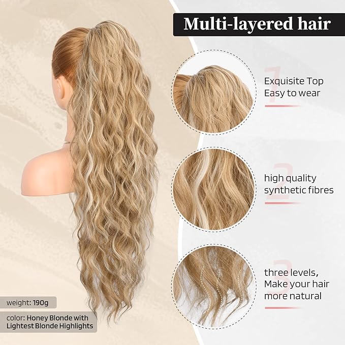 FLUFYMOOZ Ponytail Extension, 26 Inch Drawstring Ponytail Hair Extensions for Women， Long Curly Wavy Ponytail Natural Synthetic Hairpiece for Women (26 Inch Honey Blonde with Highlight)