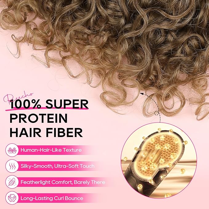 REECHO Curly Hair Extensions - 4PCS 14" GoGo Curly Clip in Hair Extensions 100% Super Protein Hairpieces with Invisible Lace Weft Silky Soft Natural Look for Women - Golden Walnut