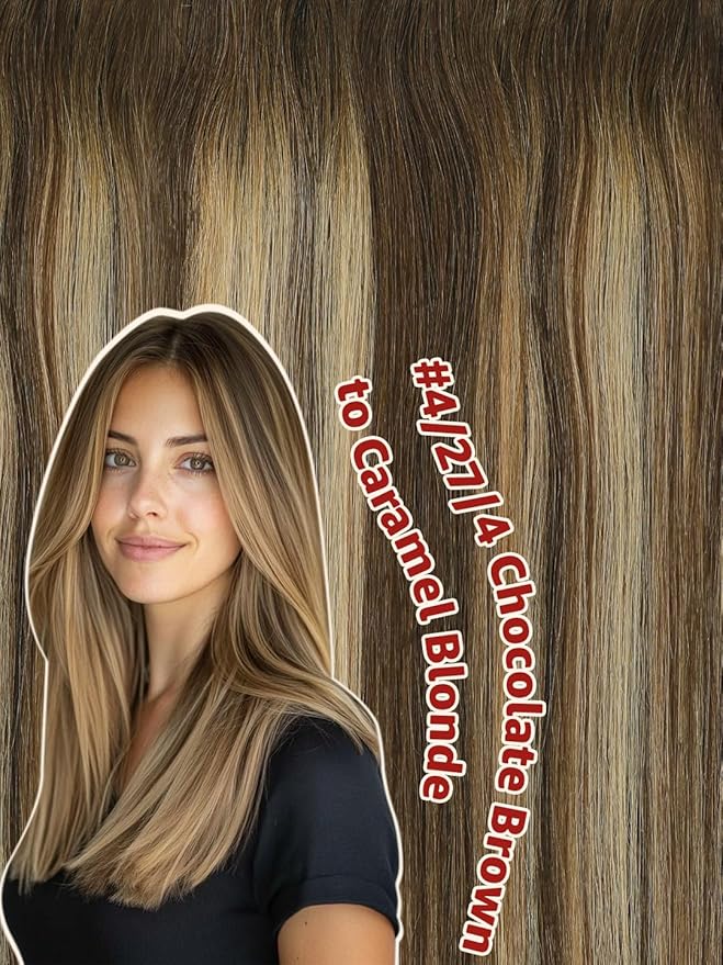 Clip in Hair Extensions Real Human Hair Balayage Chocolate Brown To Caramel Blonde 14 Inch 100g Natural Straight Clip On Hair Extensions 6pcs Per Set with 18 Clips (#4/27/4,14")