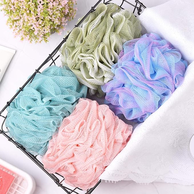 BTYMS Large Loofah Sponge Shower Scrunchies Puff 75g/pc Mesh Pouf Bath Loofa Body Sponges Scrubber for Bathing - Pack of 4