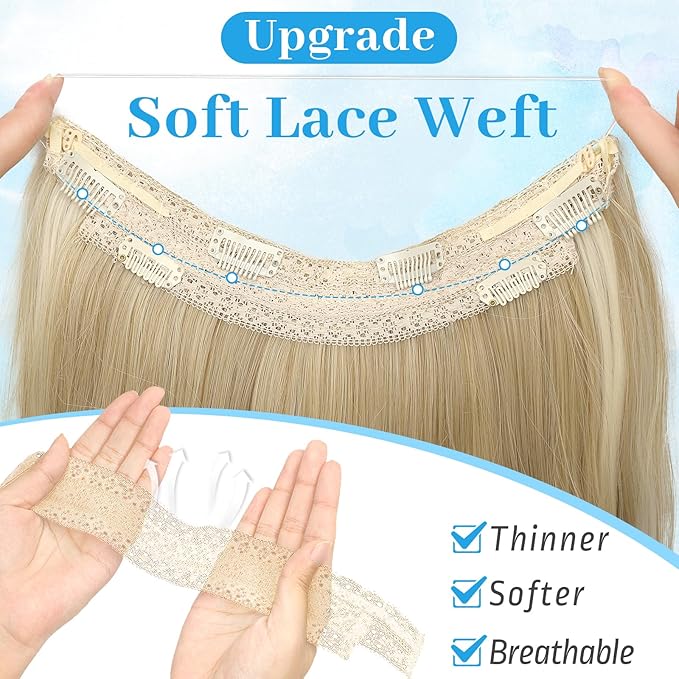 KooKaStyle Invisible Wire Hair Extensions Long Straight Layered Synthetic with Transparent Wire Adjustable Size 6 Secure Clips Hairpieces for Women 16 Inch (16 Inch, H1860A#Beige Blonde)