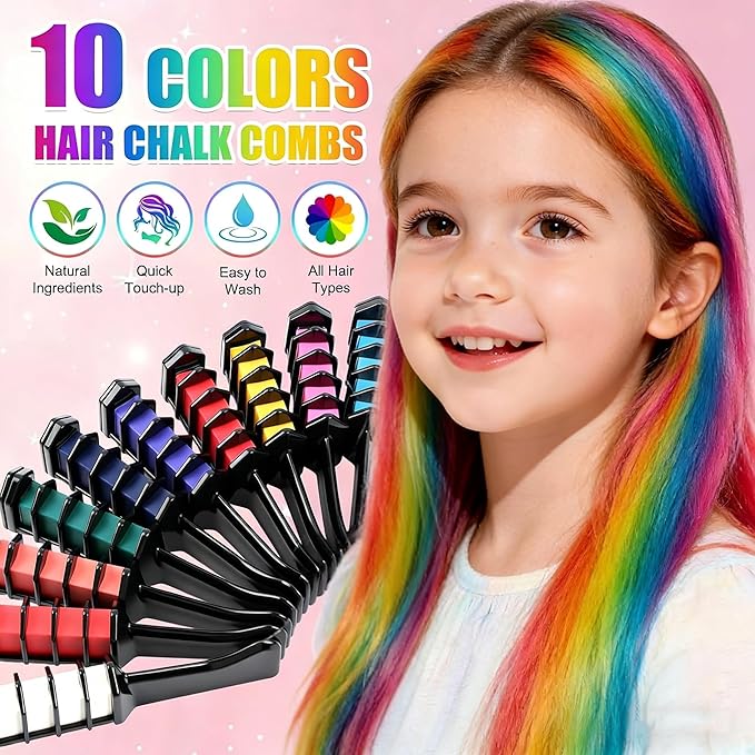 10 Colors Festive Fun Hair Chalk Combs, 10 Colors Instant Hair Color Comb Washable Quick Dry Vibrant Temporary Color, 2026 New Chalk Hair Color, for Birthday Party, Christmas Gifts