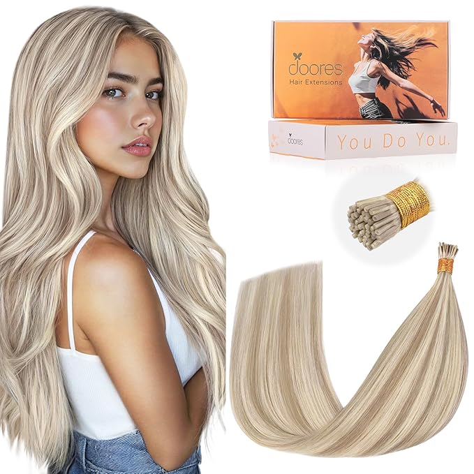 DOORES I Tip Hair Extensions Human Hair, Honey Blonde Highlight Platinum Blonde 50g/100s 16 Inch, Itip Real Human Extensions Pre Bonded Cold Fusion