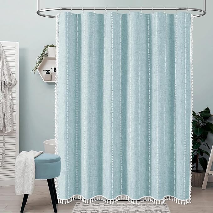 BTTN Extra Long Shower Curtain - 72x84 Long Boho Chic Striped Tassel Linen Fabric Shower Curtain Set with Hook, Tall Modern Farmhouse Cute Heavy Duty Cloth Shower Curtains for Bathroom - Fog Blue