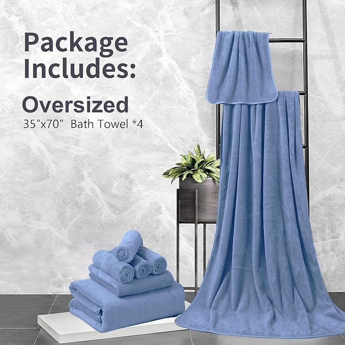 Ultra Soft Bath Towels Extra Large 35x70 Inches, 4 Pcs Bath Sheets 600 GSM Quick Dry Bathroom Towels Set for Hotel Camping Swim, Absorbent Oversized Shower Towels Blue