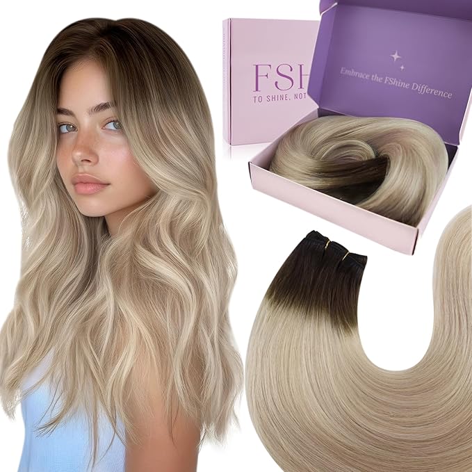 Fshine Hand Tied Weft Hair Extensions 16 Inch Ombre Hair Sew in Dark Brown Fading to Ash Brown and Blonde Weft Hair Extensions Real Human Hair Full Head 100 Gram