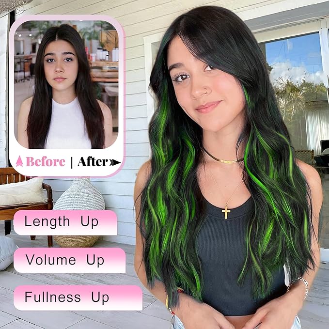 ALXNAN Clip in Long Wavy Synthetic Hair Extension 24 Inch Black Mix Green Highlights 4PCS Thick Hairpieces Fiber Double Weft Hair for Women
