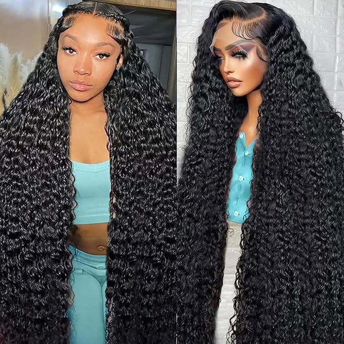 13x6 Deep Wave Lace Front Wigs Human Hair HD Full Lace Frontal Wigs Pre Plucked Bleached Knots 180% Density Deep Curly Human Hair Wig Natural Color 40 Inch